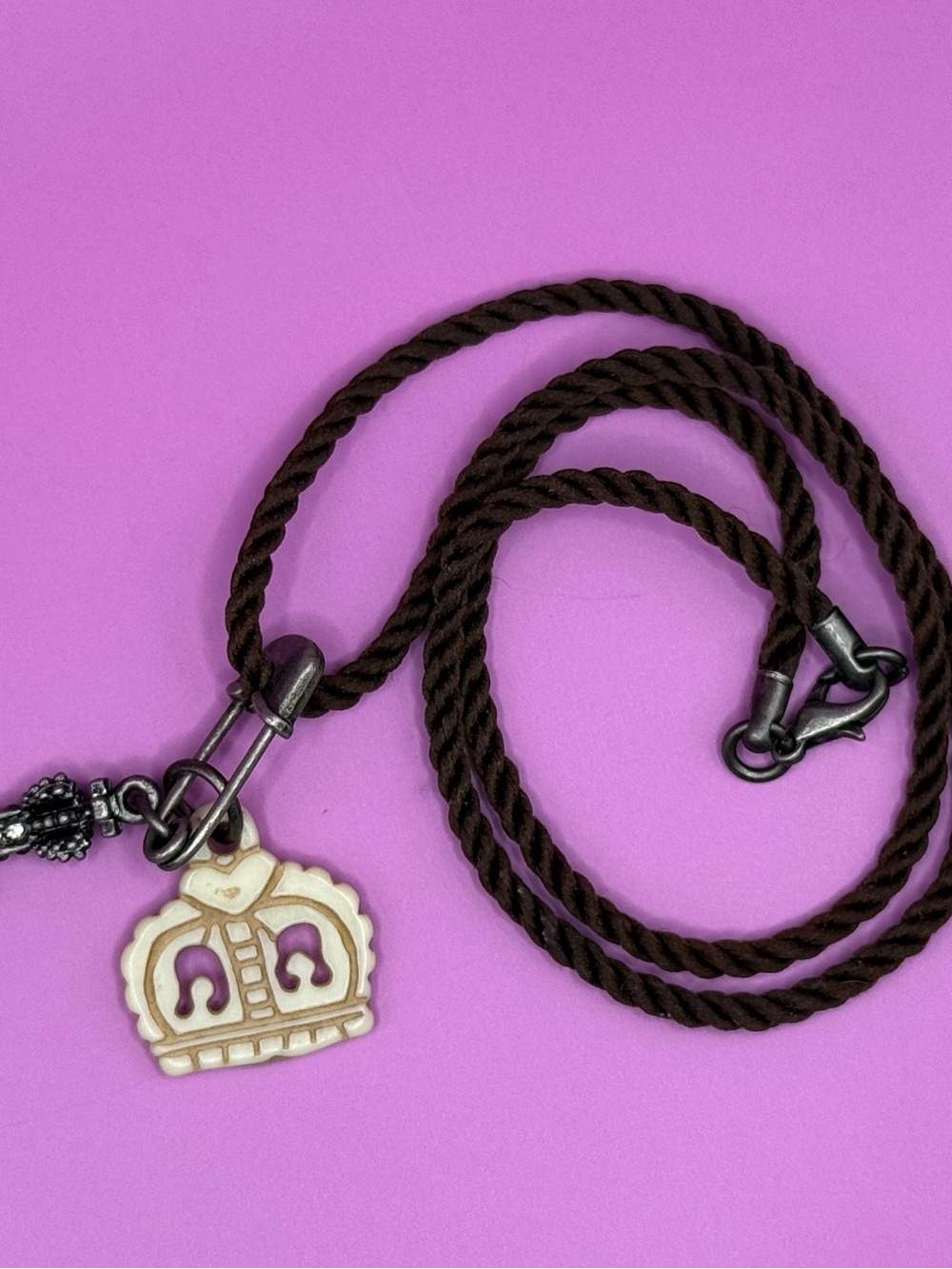 Children's Crown Charm Necklace on Brown Twisted Cord